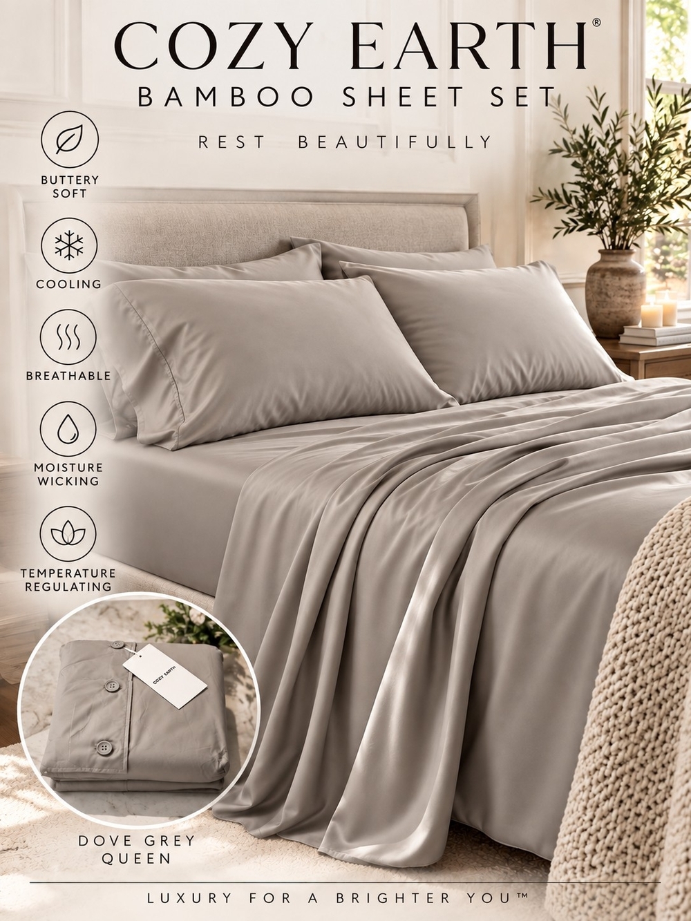 Cozy Earth Bamboo Sheet Set – Queen – Dove Grey – NEW WITH TAGS
